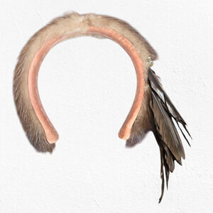 50s Vintage Mink Fur Feather Headband AB Rhinestone Accent Avant Garde Headpiece